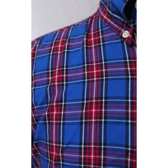 Chaps Easy Care Mens Medium Blue Red Plaid Long Sleeve Button Down Logo Shirt - Picture 5 of 11